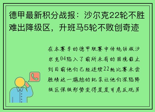 德甲最新积分战报：沙尔克22轮不胜难出降级区，升班马5轮不败创奇迹