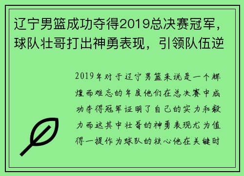 辽宁男篮成功夺得2019总决赛冠军，球队壮哥打出神勇表现，引领队伍逆转胜！
