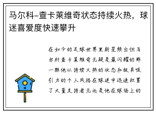 马尔科-查卡莱维奇状态持续火热，球迷喜爱度快速攀升