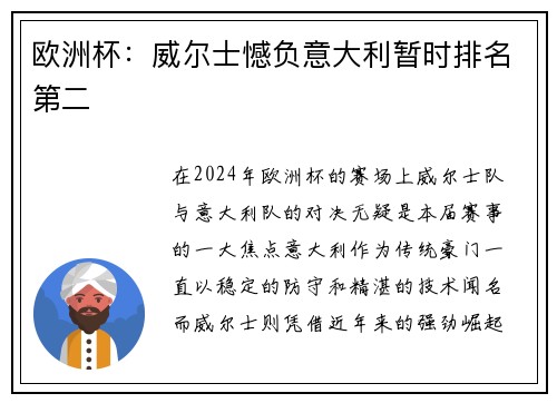 欧洲杯：威尔士憾负意大利暂时排名第二