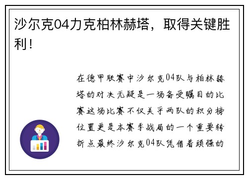 沙尔克04力克柏林赫塔，取得关键胜利！