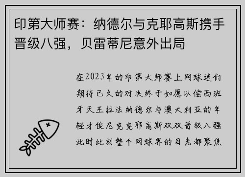 印第大师赛：纳德尔与克耶高斯携手晋级八强，贝雷蒂尼意外出局