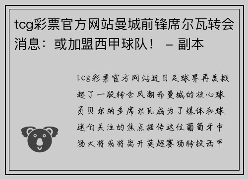 tcg彩票官方网站曼城前锋席尔瓦转会消息：或加盟西甲球队！ - 副本