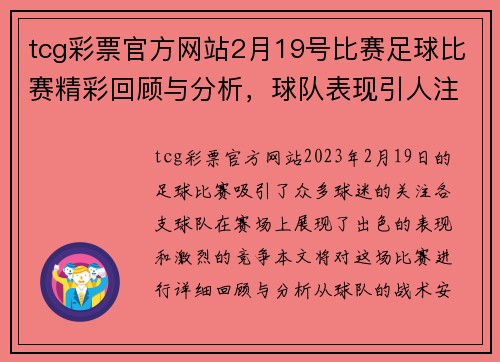 tcg彩票官方网站2月19号比赛足球比赛精彩回顾与分析，球队表现引人注目
